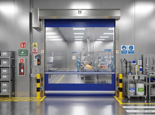 Porta ad avvolgimento rapido con tenda in PVC rinforzato da 0,8 mm e velocità regolabile da 0,6 a 2,5 m/s con sensori di sicurezza per la retromarcia di emergenza