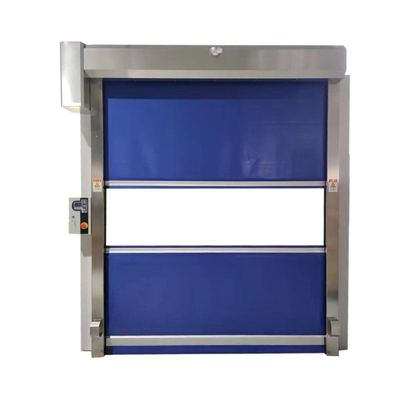 Porta a rotazione ad alta velocità con inversione d'emergenza. 0,8 mm di PVC rinforzato. 0,6-2,5 m/s regolabile.