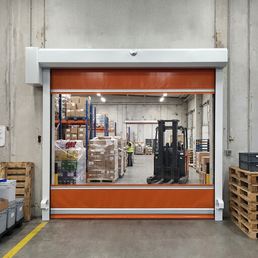 Porta rotante resistente al vento ad alta velocità con sensore radar e tenda in PVC da 0,8 mm per strutture industriali