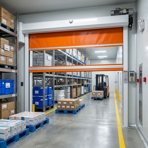 Porta industriale ad avvolgimento rapido con certificazione di sicurezza ISO 13849 e intervallo da -30°C a +70°C con doppi sensori di sicurezza